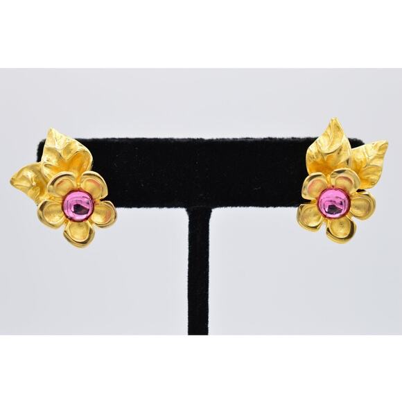 Givenchy Vintage Cabochon Flower Clip On Earrings Pink Brushed Gold Signed BinX - Picture 1 of 12